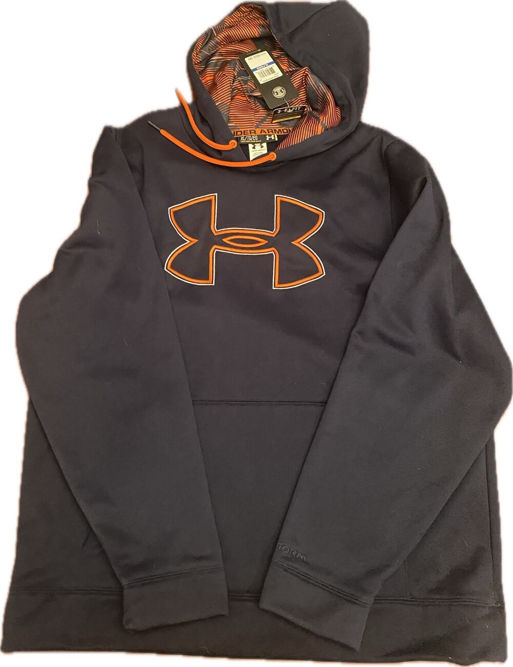 Under Armour Storm Big Logo Hoodie XL Mens Navy Blue Orange Fleece Pullover UA